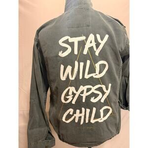 Slouch comfy green soft button "STAY WILD GYPSY CHILD" lightweight jacket